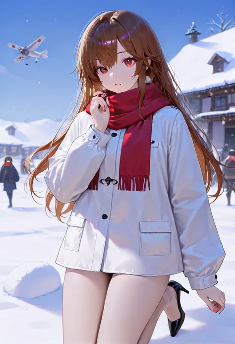 A peerless beauty，Beautiful facial features，putting makeup on，Blushlush，（cabelos preto e longos，White down jacket，Red scarf），high-heels，（Fuyuhime love song，plane trees，Snowflakes flying，White snow），Realiy，modern day，Portrait photo，Get close to the lens，dep...