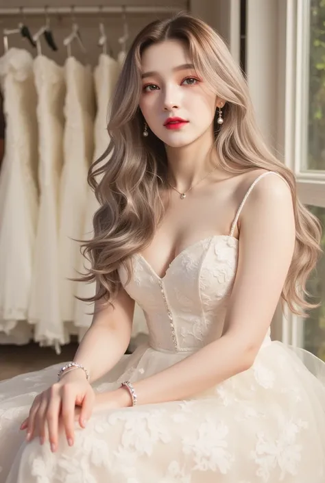 A serene bridal scene featuring a stunning subject seated gracefully in an elegant dress shop. The main subject is a woman with long, flowing, silvery blonde hair styled in soft waves, adorned with a delicate pearl hairpiece. She is wearing an exquisite iv...