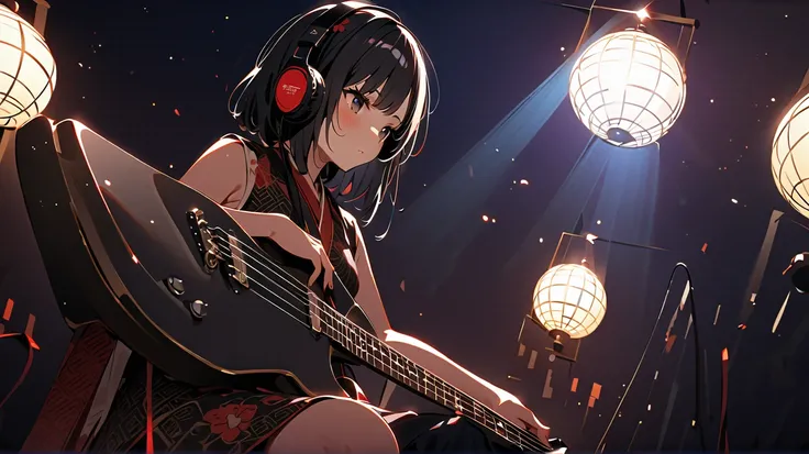  Masterpiece,  top quality,  1 girl, a emo girl playing a eletrci ギター, Hard Rock,  sensual,  music, Instrumental ,  cute girl,  cute,  pers with decor, Dramatic light,  Beautiful lights ,4K, nice,  movie,   , Studio performance,   black hair, sad black man...