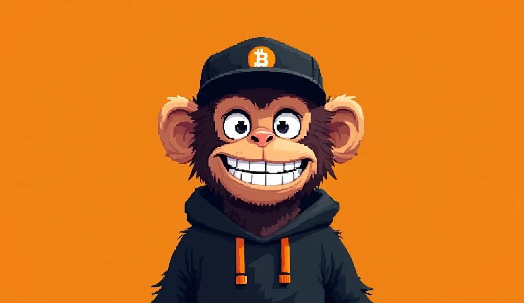 
A pixel art character of a monkey with a mischievous grin, large square white eyes with black outlines, and slightly messy teeth. The character is wearing a black cap featuring a Bitcoin logo in orange at the front. The monkey has light beige skin with da...