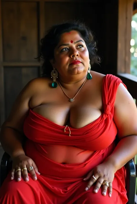 photo of Voluptuous Mature plus size Indian Bengali Aunty with dusky skin, wearing Transparent red yallow saree and strapless Blouse, showing her large U cut Cleavage, Red Sindoor on her forehead, Hair messed up, nice curves, sitting on a hut balcony , sen...