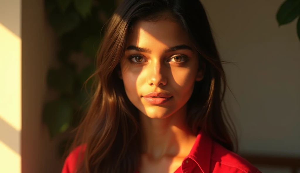 "A young 18-year-old Indian girl with long, straight brown hair, wearing a red shirt. She is illuminated by warm sunlight, casting soft shadows on her smooth skin. Her deep brown or hazel eyes stand out, and her expression is calm and natural. The sunlight...