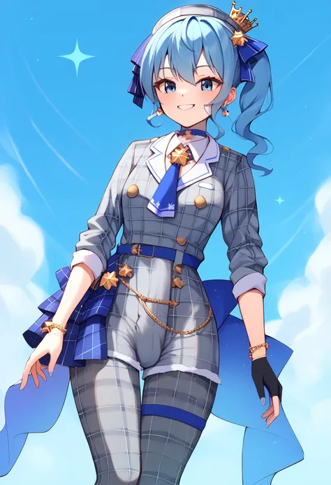  solo,  futanari,  HoshimachiSuisei, side ponytail, blue hair ribbon,SuiseiBase, side ponytail, plaid beret, crown, blue star choker, star earrings, blue ascot, grey plaid jacket, grey plaid pants, layered pants, partially fingerless gloves, star bracelet,...