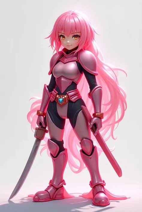 Japanese animation art. A futuristic girl ninja made of translucent pink slime stands proudly, wearing a suit of armor. It holds a sword in one hand, exuding confidence and strength. Its gentle smile adds warmth to its determined presence, creating a uniqu...