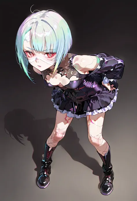  athlete body,,Cyberpunk vampire girl, bandaged face and body, silver hair and red eyes,  gothic dress,   long boots, 
