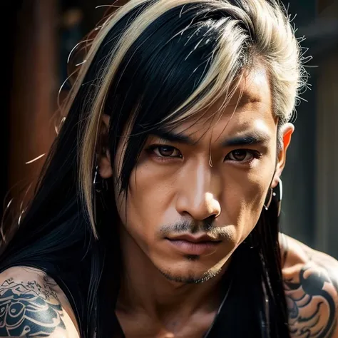 1 man, Japanese man, male, Asian eyes, muscular, broad shoulders, yakuza tattoos, hairstyle Visual Kei style, hair Visual Kei, black men's shirt and black pants, ultra detailed face and eyes, hyperrealistic, realistic representation, long hair, long hair, ...