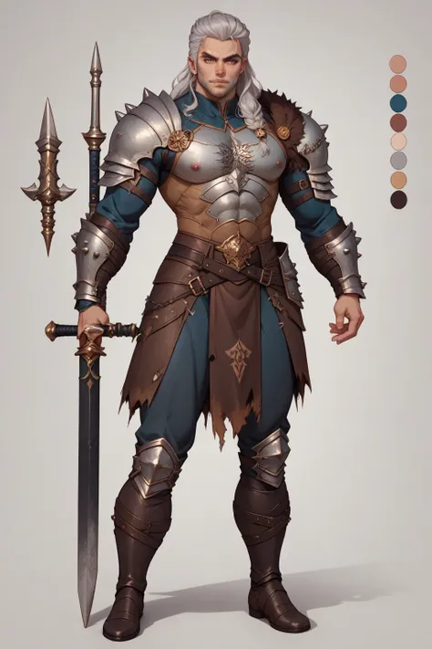 (((barbarian looks))) (((best quality))) (((HD))) (((8k))) (((extreme detail))), character design sheet. Full body. a fierce looking man. Tall, slim, lean & athletic body. Very long wavy silver hair. wearing intricate tight leather tunic & leggings. Wearin...