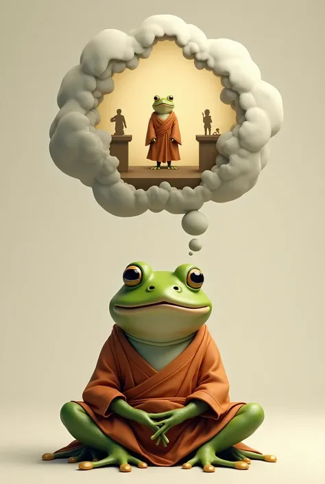 frog in Buddhist clothing thinking with a text balloon where, Inside the text globe there is a podium where in the first place there is a frog and in the third place the silhouette of a man.