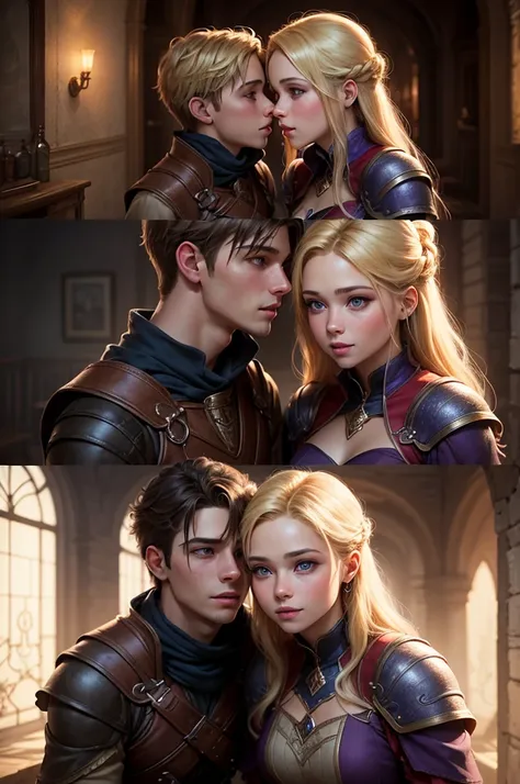 A blonde male with brown eyes and a blonde female with purple-blue eyes, looking at each other lovingly, the boy carrying the girl, detailed facial features, high quality, photorealistic, dramatic lighting, fantasy, fantasy art, warm tones, romantic