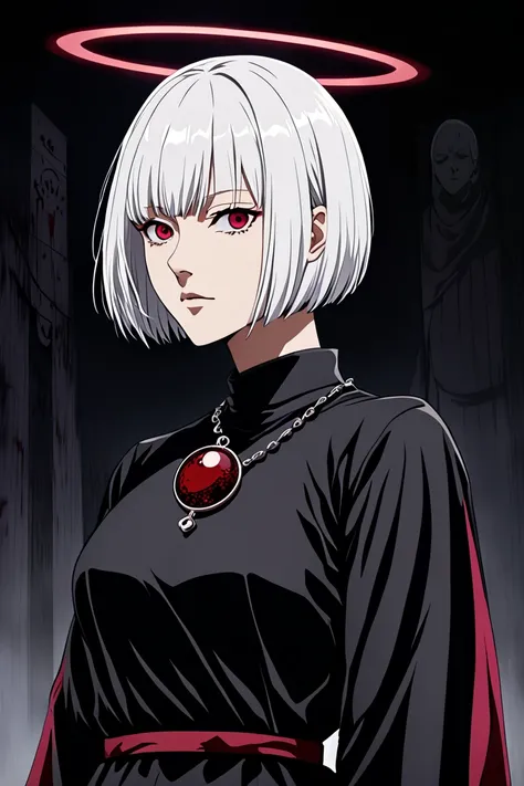 uraume, anime jujutsu kaisen, white hair with red highlights on the sides, bob cut,  purple-eyed,  detailed and beautiful eyes , elegant expression,  dark environment, Local obscure religious center,  black sleeve dress with red details , Clothes by Ceita ...