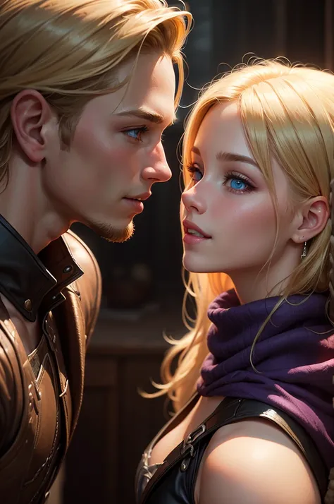 A blonde male with brown eyes and a blonde female with purple-blue eyes, looking at each other lovingly, the boy holding the girl in a dip, detailed facial features, high quality, photorealistic, dramatic lighting, fantasy, fantasy art, warm tones, romanti...