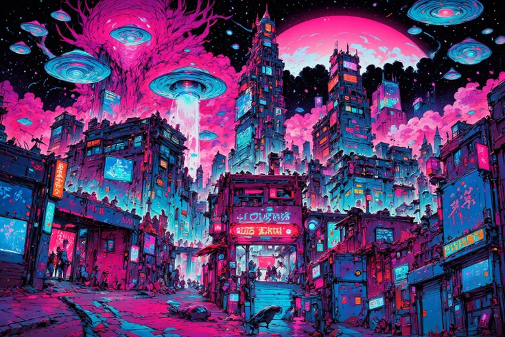     Aliens appearing in Synthwave City 👽,  This picture looks like 々Various types of UFOs appear , Mixed Art {x} Lovecraft and Synthwave Mixed Illustrations,Lovecraft Art ,HP Lovecraft Style, Space Horror Illustrations , Lovecraft Inspiration  , Miami Synt...