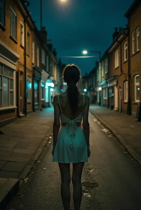 You are in a dirty south london back street late at night. The area is lit with dim streetlamps. A homeless druggie is standing on a street corner in front of you facing viewer, looking at you. She has a dirty white dress on. Her body is thin. She has sexy...