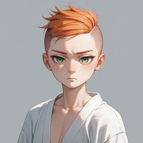 One Man、 Shrimp、 orange hair、 very short、 sports cutting、Shaved head、Crew cut。 green eyes、 tired look。 White Kimono 。 sensitive、 Masterpiece、 top quality、 uncensored