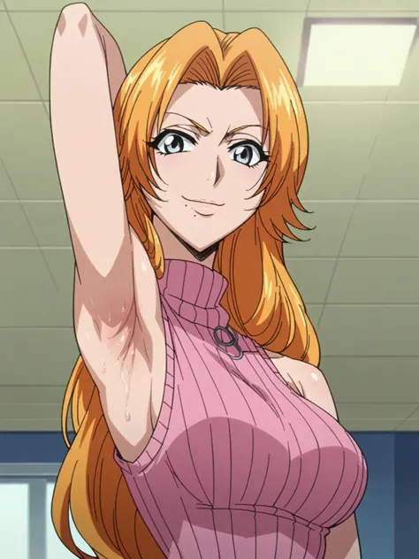 score_9, score_8_up, score_7_up, source_anime, anime screencap, 1girl, solo, rangiku matsumoto, long hair, grey eyes, orange hair, mole, mole under mouth, parted bangs, bare shoulders, bare arms, arm behind head, armpit, looking at viewer, head towards vie...