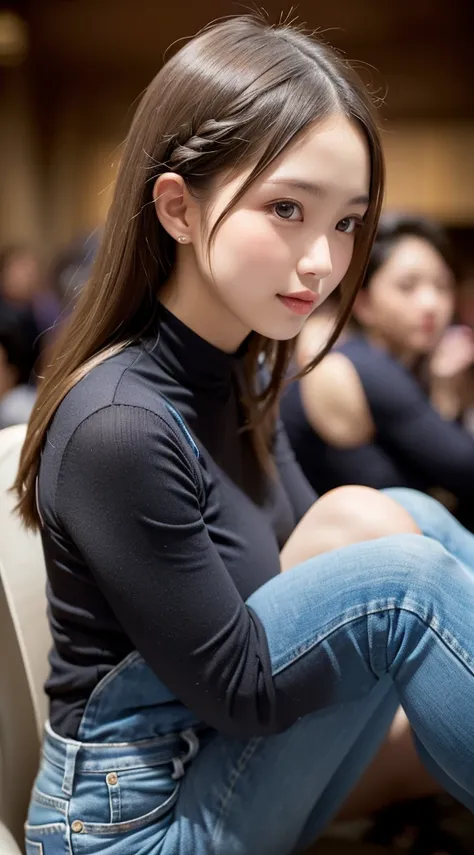           beautiful girl,               portrait of a cute girl with a very cute and detailed face       ,           laugh shyly, Deep Valley), ( She was a delicate middle school student   、  big breasts with eyes of a cross 、 black sleeveless high neck ri...