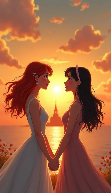 
 Main Scene :  two women holding hands. One red-haired girl with blue eyes and the other black-haired woman,  white skin ,  green eyes,  One smiles carefree , radiating happiness,  while the other has a melancholic expression ,  with a lost look at the ho...