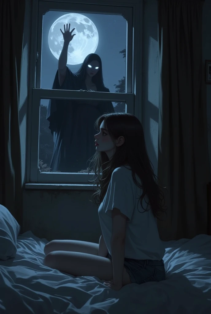 "A girl sitting on a bed in pajamas, her posture tense and eyes wide with fear. She looks over her shoulder with a nervous, wary expression. The room is dimly lit, casting shadows on the walls. Through the window, there is a dark silhouette of a demon-like...