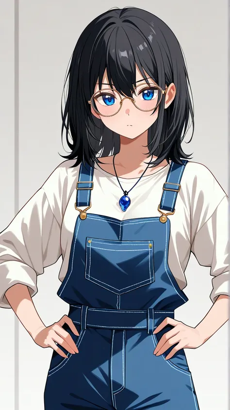 　 girl　 Japanese　 black hair　 medium hair　Glasses　confident　 anime style　 cute　Overalls　Roll up your sleeves　Hands on hips　Holding tools　blue pendant on the neck　Workshop