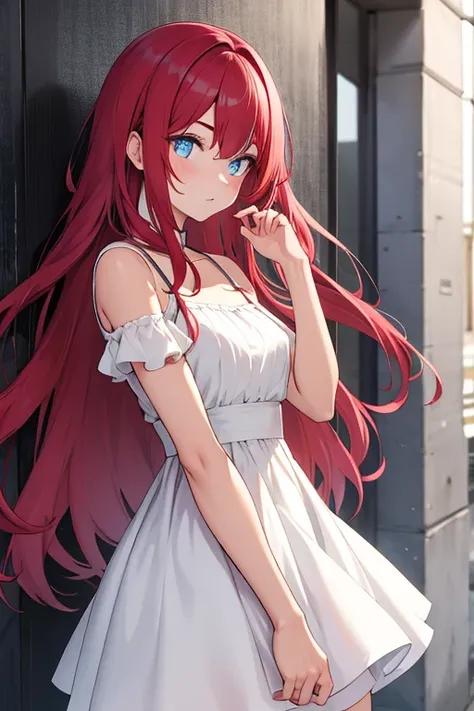 long red hair, dress with low sides,  blue eyes