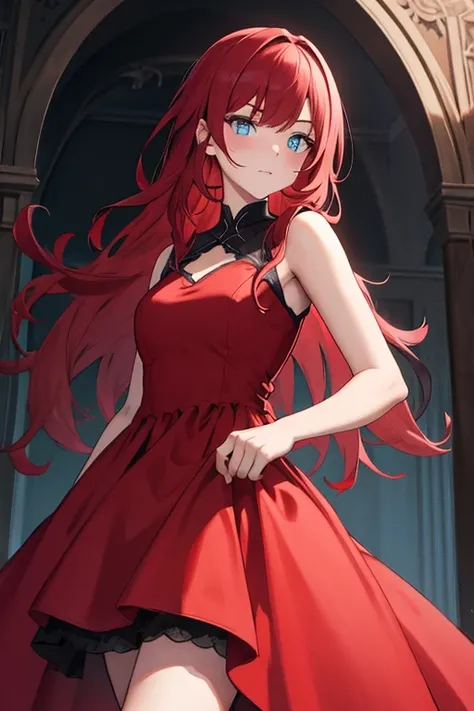 long red hair, dress with low sides,  blue eyes