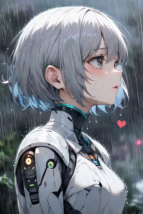 (8k,  top quality)、 super high resolution、 adorable by design、 top quality,  beautiful, Absurd beauty、 Masterpiece、 best image quality、Rainy old background,Broken Android, Sad and Heart-Bounding Works ,Grey World, An Android Girl Who Believes Even When Aba...