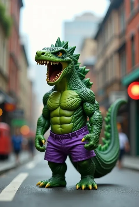 A tiny creature resembling Godzilla, styled like the Hulk, with a muscular green body, vibrant purple shorts, and a playful yet fierce demeanor. The scene features a miniature urban environment with small buildings and streets, highlighting the creature's ...