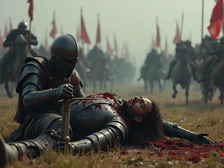 " Create an image that represents the Dialogue of the Wounded Medieval Knight.  The rider must be lying on the ground , Without the helmet,  with an expression of pain and despair .  He must be struck by an arrow in the chest , with blood flowing from the ...