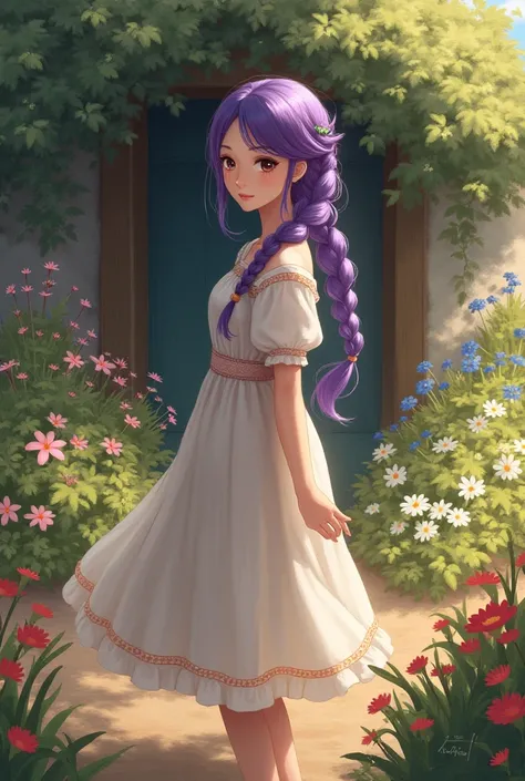 A girl with purple hair tied in a braid and wears a peasant dress, a and in the background there is a hidden garden flowers