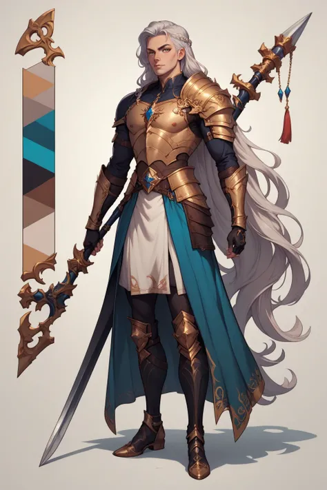 (((best quality))) (((HD))) (((8k))) (((extreme detail))), character design sheet. Full body. a fierce looking man. Tall, slim, lean & athletic body. Very long wavy silver hair. wearing intricate tight leather tunic & leggings. Wearing simple intricate gol...