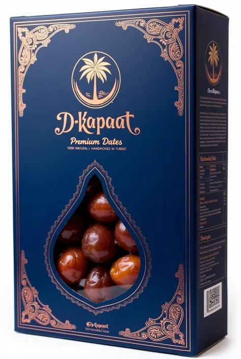 "A premium rectangular packaging box for high-quality dates, designed for 1kg and 2kg weights. The box is in a deep royal blue color, complemented by intricate rose gold artwork featuring Arabic-inspired patterns and elegant detailing. The front prominentl...