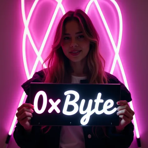  A beautiful girl with long hair stands against the background of beautiful neon , gently wrapping around her shoulders.  In her hands she holds a stylish sign with a large inscription  "0xByte",  gently wrapping around her shoulders that sparkles as if to...