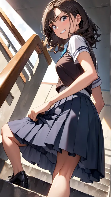 Close up of high school students climbing stairs ,  alone, Attractive mature appearance, Turn your back and look at me, (Hold down a mid-length skirt with both hands:1.5, So your underwear isn&#39;t visible), Detailed and accurate , Blake, a lovely look of...