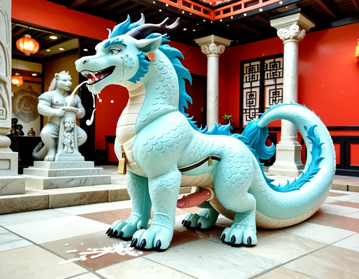 1guy, (a panicking tourist fusing with their vinyl fabric anthro eastern dragon costume fursuit quadsuit:1.3), (inside chinese temple standing on empty statue base:1.4), (crying and sobbing as they are shrinking and morphing into a solid pure jade chinese ...