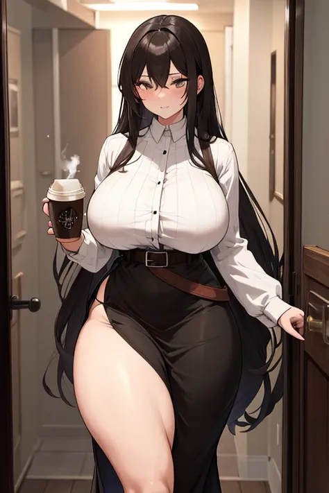  long straight black hair , long dress with long sleeves, coffee dress , light brown belt,  thick thighs ,  big breast