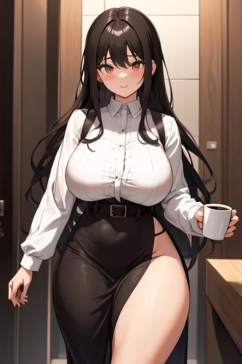  long straight black hair , long dress with long sleeves, coffee dress , light brown belt,  thick thighs ,  big breast