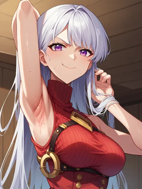 score_9, score_8_up, score_7_up, source_anime, anime screencap, 1girl, solo, gold ship, long hair, purple eyes, white hair, bangs, bare shoulders, bare arms, arm behind head, armpit, looking at viewer, head towards viewer, smile, badhandv4, indoors, closed...