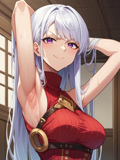 score_9, score_8_up, score_7_up, source_anime, anime screencap, 1girl, solo, gold ship, long hair, purple eyes, white hair, bangs, bare shoulders, bare arms, arm behind head, armpit, looking at viewer, head towards viewer, smile, badhandv4, indoors, closed...