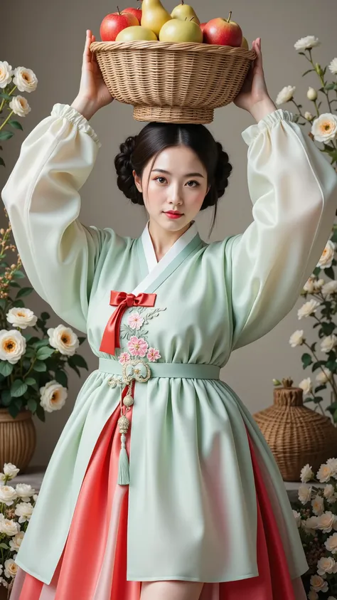 Korean traditional hairstyles, chubby hair, Korean traditional hanbok, images of women balancing fruit baskets on their heads, elegant poses, full-body portraits, neutral backgrounds, muted colors, vintage photography styles, cultural costumes, elegant pos...