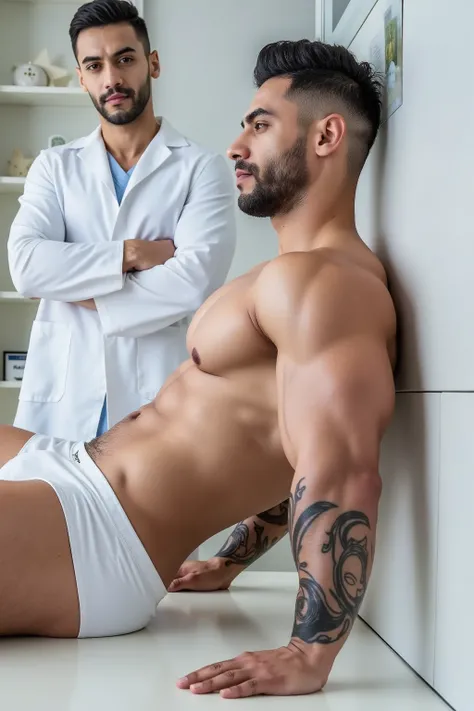 Strong young man, bearded and hairy man in white underwear doing push-ups on the floor for a doctor.