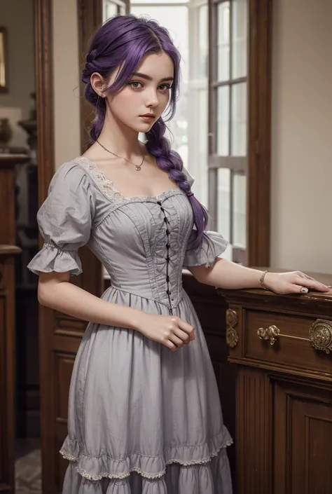 a 23-year-old woman with purple hair tied in a braid, gray eyes and she wears a commoner's dress like from the Victorian era 