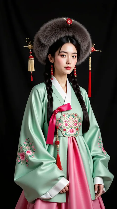 Korean traditional hairstyle, Korean traditional hanbok, women, pink and green gowns, furry hats with red decorations, black backgrounds, studio portraits, fashion photographs, cultural costumes, elegant poses, soft lighting, detailed fabric texture, contr...