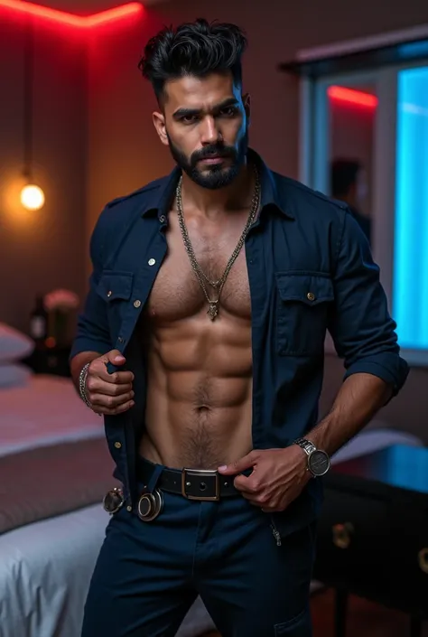 A highly muscular and well-defined Indian male stripper with a perfectly sculpted, toned physique. His broad, hairy chest, chiseled abs, and strong, defined arms radiate power and raw sex appeal. His muscles appear naturally toned and highly realistic, wit...