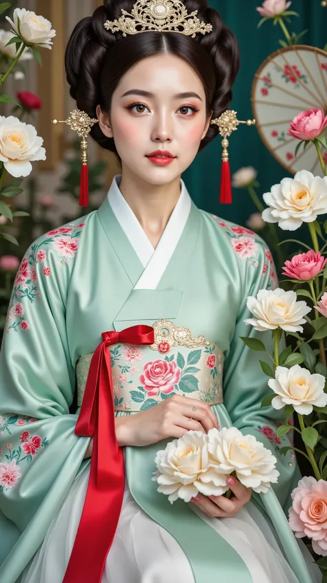 Korean traditional hairstyles, chives, traditional Korean hanbok, flower parasols, red ribbons, ceramic skin, vibrant makeup, flowing cloth, painter's style, soft lighting, delicate features, pastel colors, vintage aesthetics, cultural portraits, intricate...