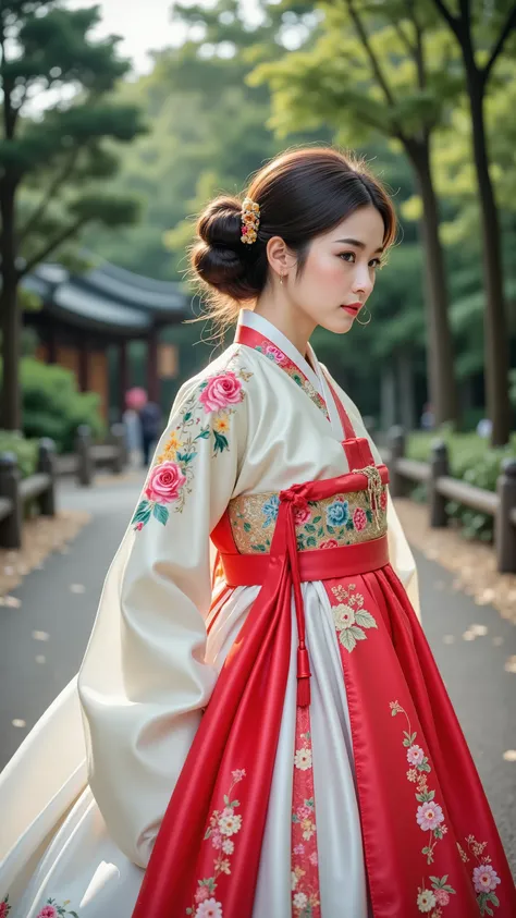 Korean traditional hairstyle, chubby hair, Traditional Korean hanbok, colorful flower hanbok top, vibrant red outerwear, white flowing skirt, elaborate hairstyles with decorations, forest background, illuminated sunlight, historical representation, serene ...