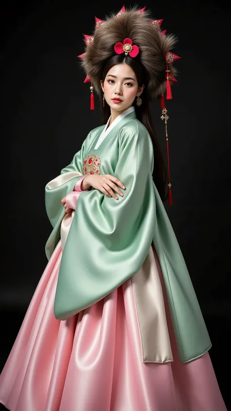 Korean Traditional Hanbok, Women, Pink and Green Gown, Fur Decorated Hat with Red Decorations, Black Background, Studio Portrait, Fashion Photo, Cultural Costume, Elegant Pose, Soft Lighting, Fine Fabric Texture, Contrast, Serious Face