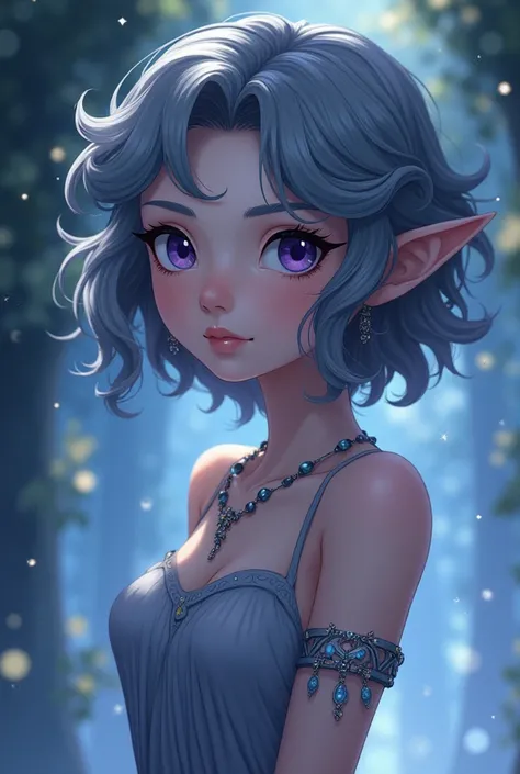 An average male fairy, with pale blue skin, And with short wavy dark gray hair, Eyes color black purple, And she wears a delicate outfit that highlights her fantasy beauty and accessories on her arms some bracelets that match her with her eyes.
style Ghibl...