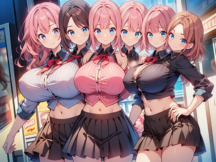 (masterpiece),best quality:1.5, ultra-detailed, high resolution, high quality, 16K, ((2heads:1.5)), ((brown hair)), ((pink hair)), blue eyes, (two headed girl), (different hair colors), long hair, (black cropped shirt), blue skirt, (1girl), conjoined twins...