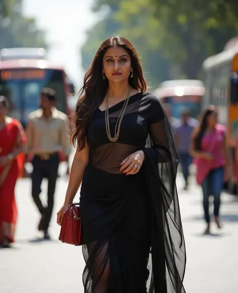 woman in black sari walking down the street with a red purse, stunning woman, shot from movie, promotional movie still, indian, aishwarya rai, gorgeous woman, movie stills, stylish pose, still from a movie, still from the movie, still shot from movie, movi...