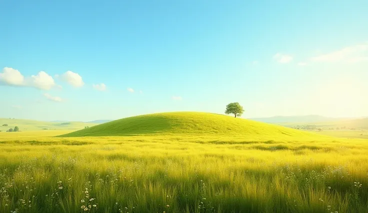 A breathtaking, highly realistic view of an endless grassland stretching to the horizon. The golden-green grass sways gently in the wind, with patches of wildflowers adding subtle bursts of color. In the center of the vast plain, a small hill rises slightl...